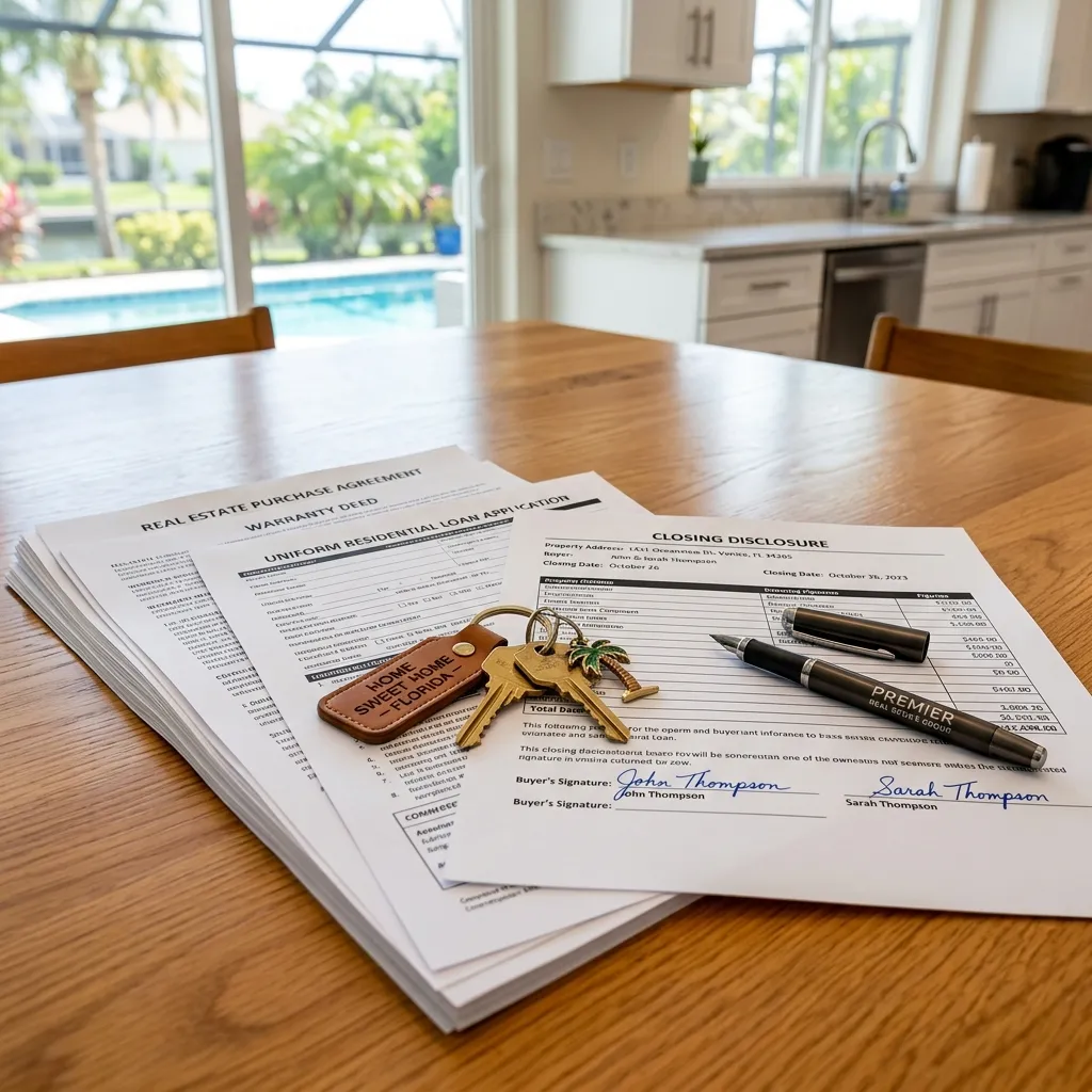 Florida home purchase closing documents with keys and pen