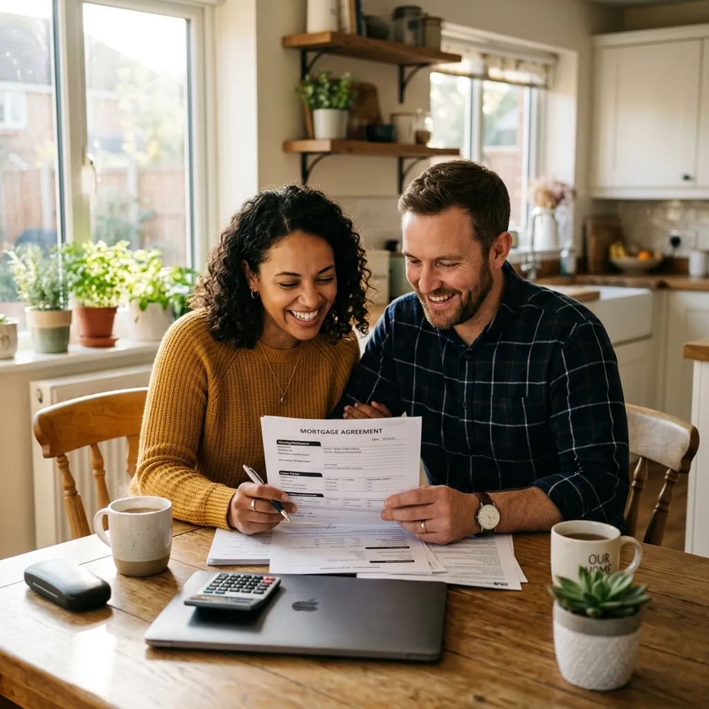 Happy couple reviewing mortgage documents at their kitchen table
